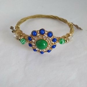 HAND Made Bracelet Womens Gold-Tone Beads Charm Rhinestones Blue Green
